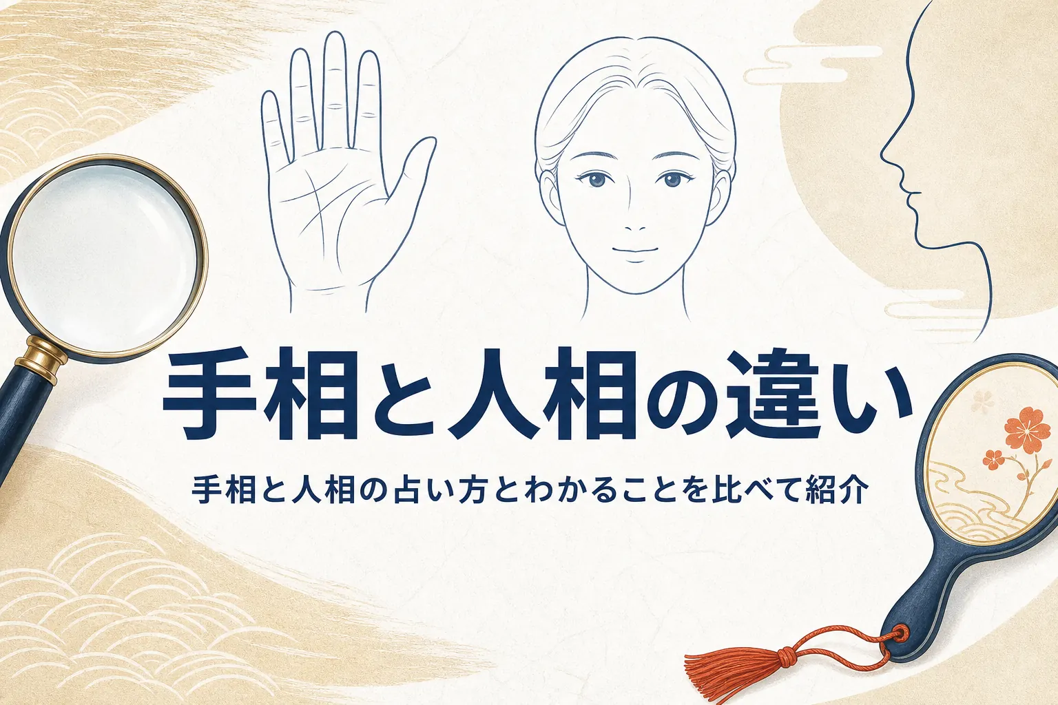 天眼鏡と手鏡、手のひらと顔の線画に、手相と人相の違いを紹介する記事タイトルを添えたアイキャッチ