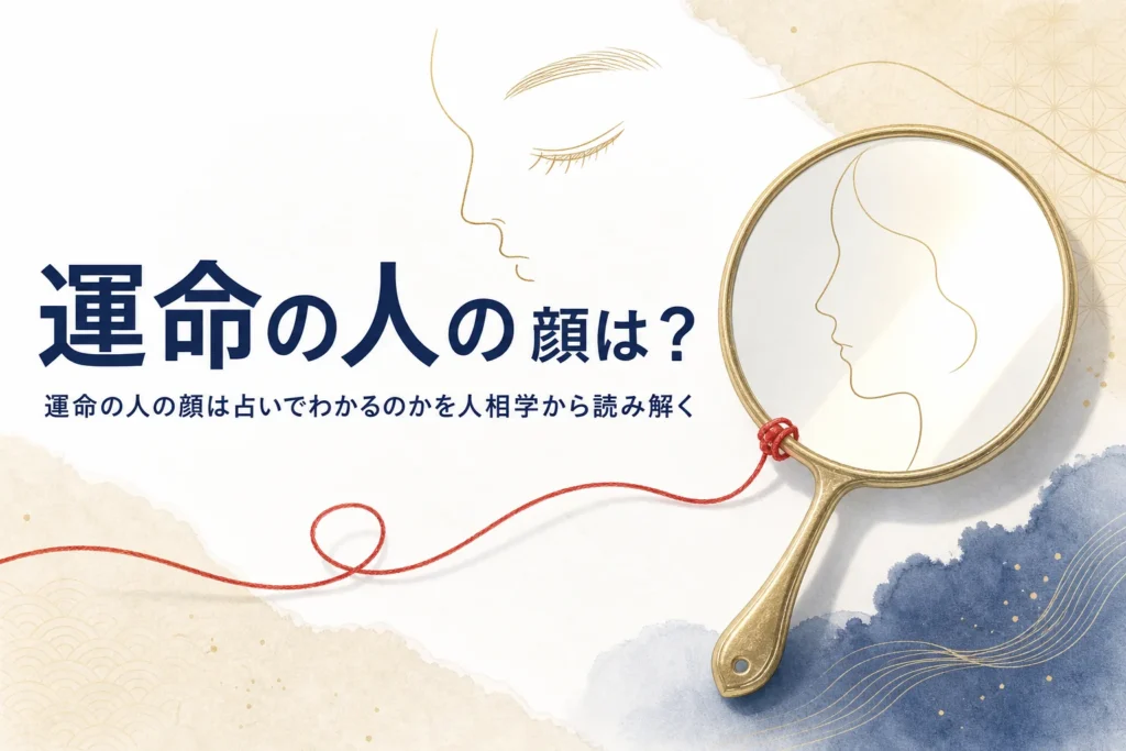 手鏡と横顔のシルエットに赤い糸が添えられた、運命の人の顔占いを紹介する記事のアイキャッチ