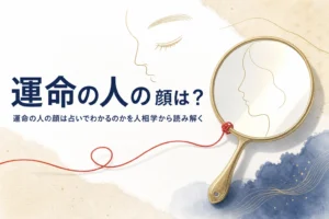 手鏡と横顔のシルエットに赤い糸が添えられた、運命の人の顔占いを紹介する記事のアイキャッチ