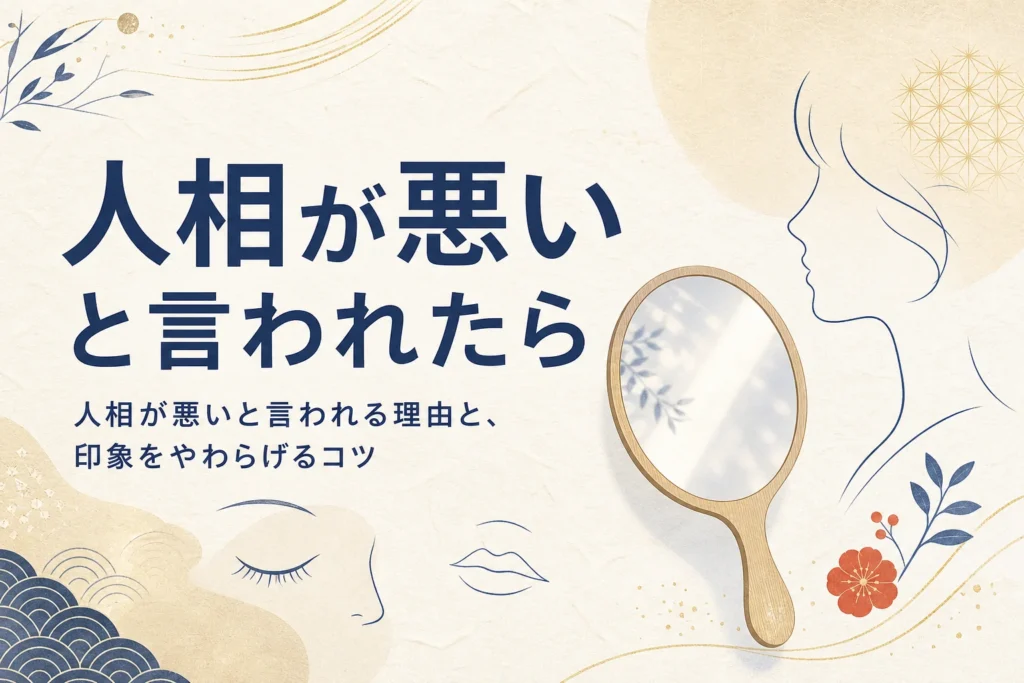手鏡と横顔の線画に、人相が悪いと言われる理由と印象をやわらげるコツを紹介する記事タイトル